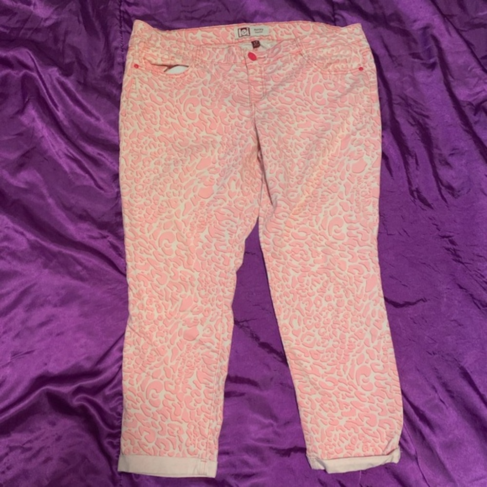 LEI Ashley Pink Animal Print Jeans Juniors 17 Low Rise Straight Leg Y2K - Picture 2 of 5